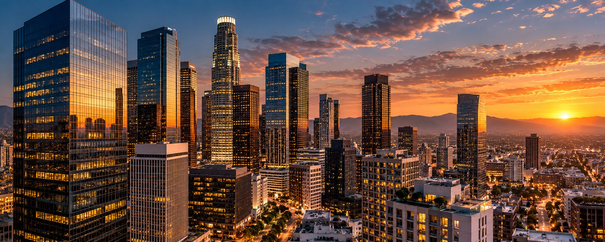 Downtown Los Angeles skyline at sunset