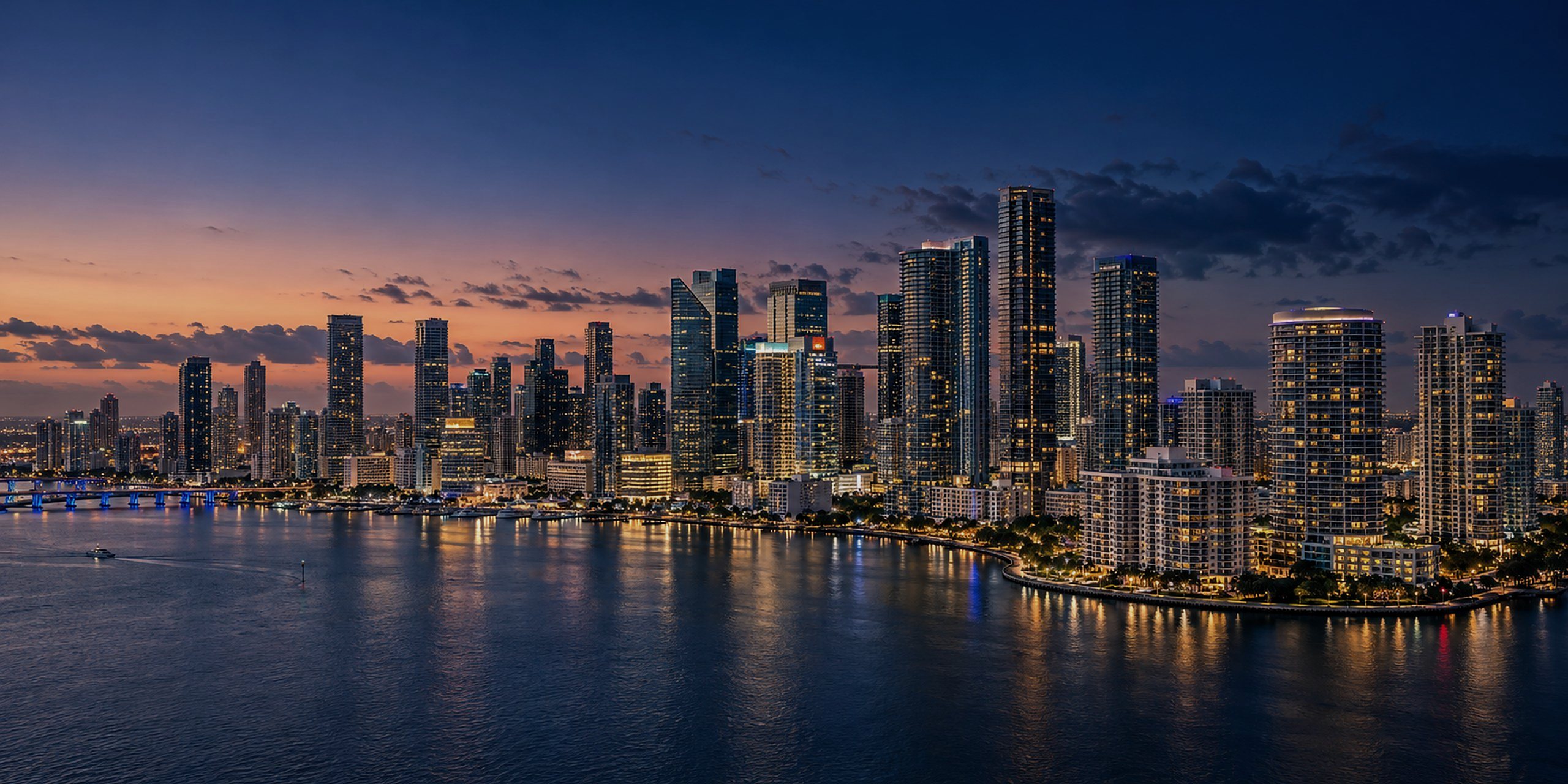 Miami skyline and Biscayne Bay at dusk