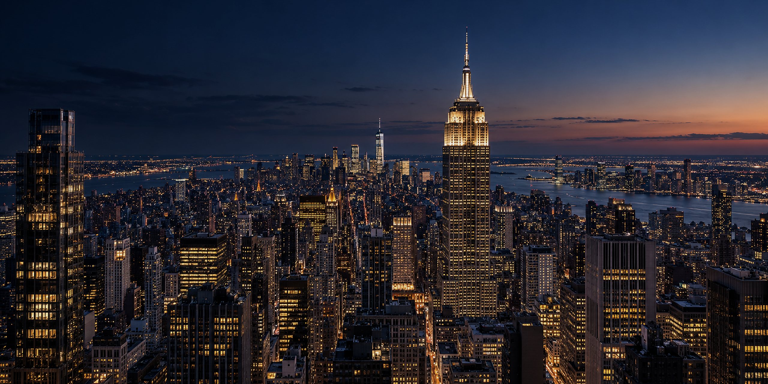 Manhattan skyline at night with the Empire State Building