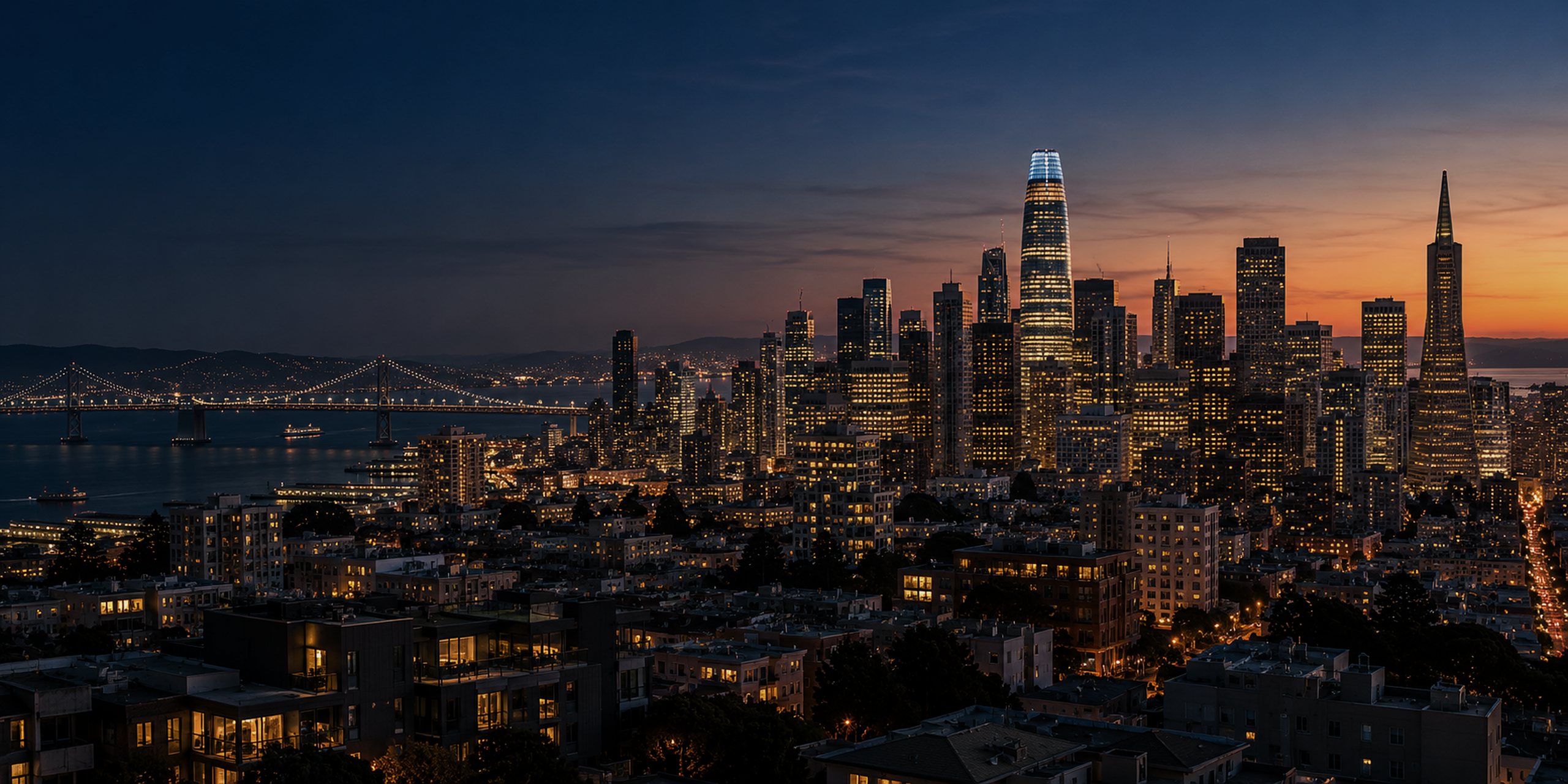 San Francisco skyline and Bay Bridge at dusk
