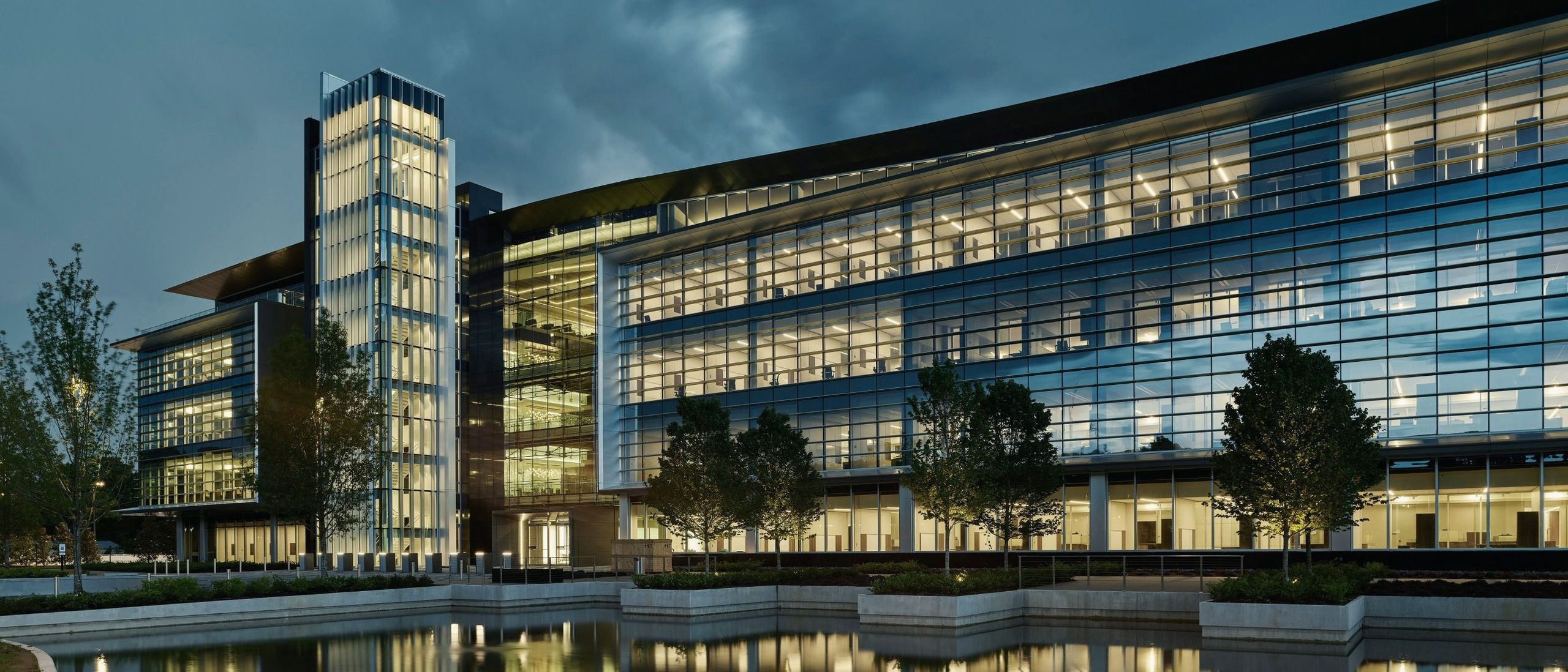 Commercial office building at dusk